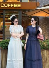 KS0619-Set áo nhúng ly eo, CV dài phối bèo Kem