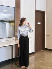 TB8080-Set TK áo kiểu+ quần tây đen+nịt (áo xanh)