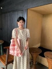 KS0607-Đầm suông linen họa tiết nơ Kem