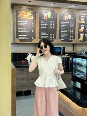 VGU0059-Set áo trắng cổ V viền ren, quần dài Hồng