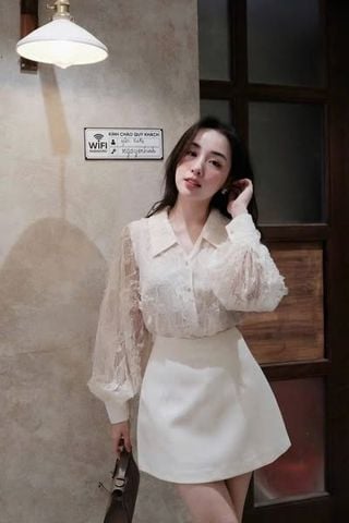 SKY8079-Set áo sơ mi ren CC , CV ngắn Trắng