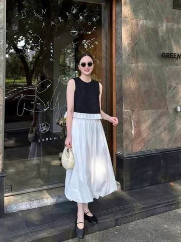 TQ4178-Set basic áo sát nách phối lai xếp ly ,CV dài Trắng
