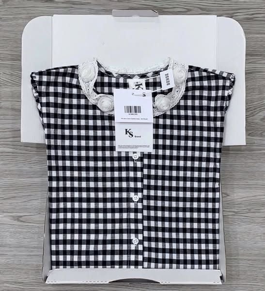 KS0610-Áo sơ mi caro cổ viền ren đính hoa (áo lẻ)