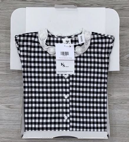 KS0610-Áo sơ mi caro cổ viền ren đính hoa (áo lẻ)