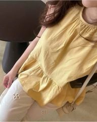 TQ4185-Set áo babydoll vàng, quần suông hoa thêu phối ren CC