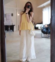 VGU0124-Set áo babydoll cột nơ sau lưng , quần hoa thêu phối ren CC