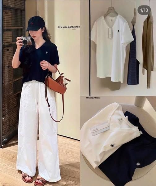 TQ4181-Set áo thun cổ tim thêu ngựa, quần dài Trắng