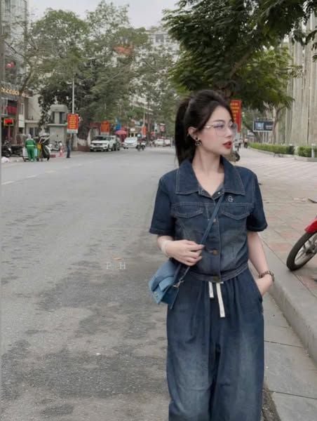 VGU0101-Set jean CC áo phối nắp túi+quần dài thêu logo