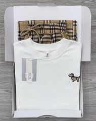 KS0625-Set áo thun phối tay thêu cún, quần suông caro Nâu (áo trắng)