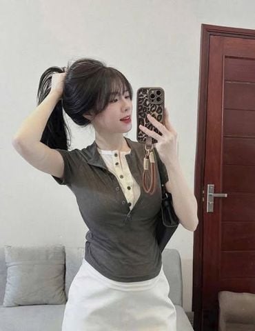 VGU0099-Áo thun kiểu phối nút Xám (áo lẻ)