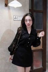 SKY8078-Set áo sơ mi ren CC , CV ngắn Đen