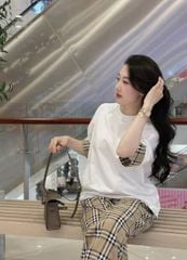 KS0625-Set áo thun phối tay thêu cún, quần suông caro Nâu (áo trắng)