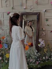 KS0619-Set áo nhúng ly eo, CV dài phối bèo Kem