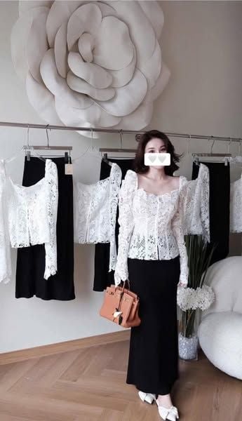 VGU0115-Set áo ren hoa nút ngọc CC, CV dài Đen