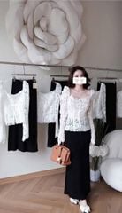 VGU0115-Set áo ren hoa nút ngọc CC, CV dài Đen