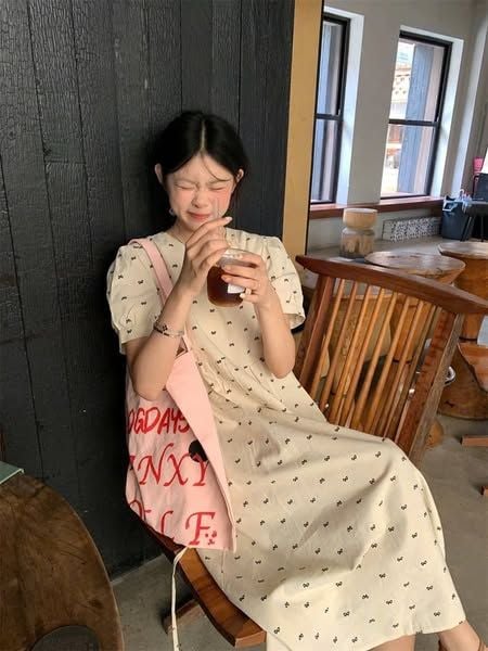 KS0607-Đầm suông linen họa tiết nơ Kem