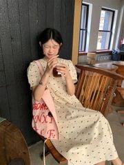 KS0607-Đầm suông linen họa tiết nơ Kem