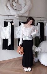 VGU0115-Set áo ren hoa nút ngọc CC, CV dài Đen