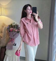 KS0630-Set áo sơ mi hồng thêu micky, quần dài CC Kem (2món)