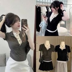 VGU0099-Áo thun kiểu phối nút Xám (áo lẻ)