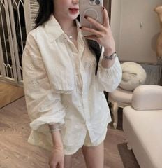 TQ4184-Set hoa thêu CC áo sơ mi phối choàng viền ren, quần short Kem