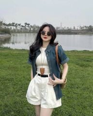 KS0512 -  Áo Khoác Jean+ Áo Ba Lổ, Quần Short Kaki + Nịt ( Set 4 Món)