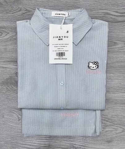 TB8043-Set áo sơ mi thêu kitty, quần short sọc Xanh (2 món)