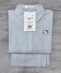TB8043-Set áo sơ mi thêu kitty, quần short sọc Xanh (2 món)