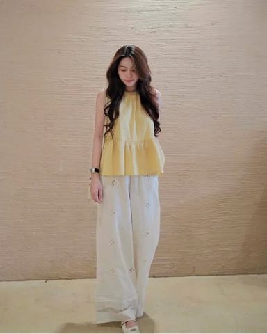 TQ4185-Set áo babydoll vàng, quần suông hoa thêu phối ren CC