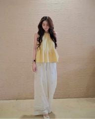 TQ4185-Set áo babydoll vàng, quần suông hoa thêu phối ren CC