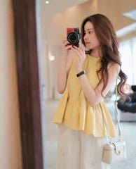 TQ4185-Set áo babydoll vàng, quần suông hoa thêu phối ren CC