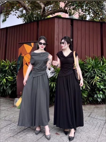 VGU0113-Set thun áo kiểu, CV dài Đen