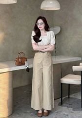 KS0595-Set áo cổ vuông phối ren, quần kaki + nịt (quần nâu)