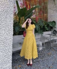 TQ1779-Đầm dài tay phồng Vàng