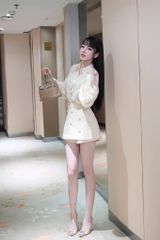 SKY8072 SET SƠMI TAY BO, CV ĐÍNH TAG NƠ (KEM)