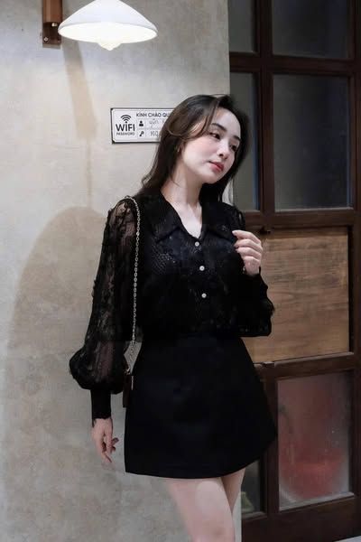 SKY8078-Set áo sơ mi ren CC , CV ngắn Đen
