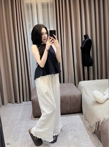 VRA0583-Set áo chấm bi, quần dài nhúng viền bèo Trắng
