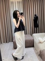 VRA0583-Set áo chấm bi, quần dài nhúng viền bèo Trắng