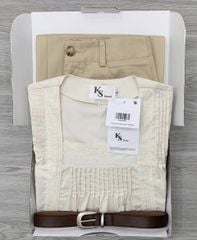 KS0595-Set áo cổ vuông phối ren, quần kaki + nịt (quần nâu)