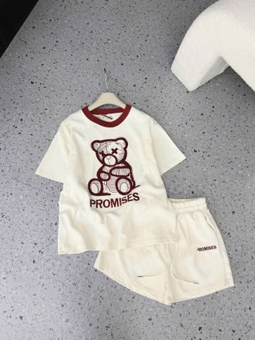 KS0632-Set áo thun in gấu, quần short  Kem