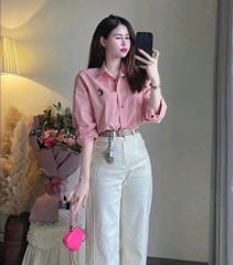 KS0630-Set áo sơ mi hồng thêu micky, quần dài CC Kem (2món)