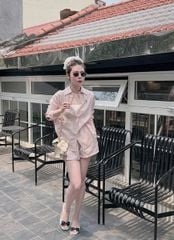 TB8043-Set áo sơ mi thêu kitty, quần short sọc Xanh (2 món)