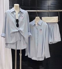TB8043-Set áo sơ mi thêu kitty, quần short sọc Xanh (2 món)