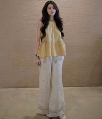 VGU0124-Set áo babydoll cột nơ sau lưng , quần hoa thêu phối ren CC