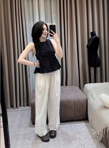 VRA0583-Set áo chấm bi, quần dài nhúng viền bèo Trắng