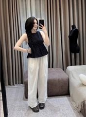 VRA0583-Set áo chấm bi, quần dài nhúng viền bèo Trắng
