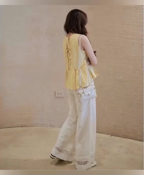 VGU0124-Set áo babydoll cột nơ sau lưng , quần hoa thêu phối ren CC
