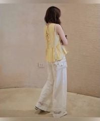 VGU0124-Set áo babydoll cột nơ sau lưng , quần hoa thêu phối ren CC