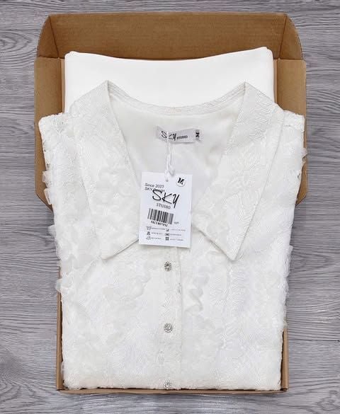 SKY8079-Set áo sơ mi ren CC , CV ngắn Trắng