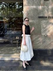 TQ4178-Set basic áo sát nách phối lai xếp ly ,CV dài Trắng